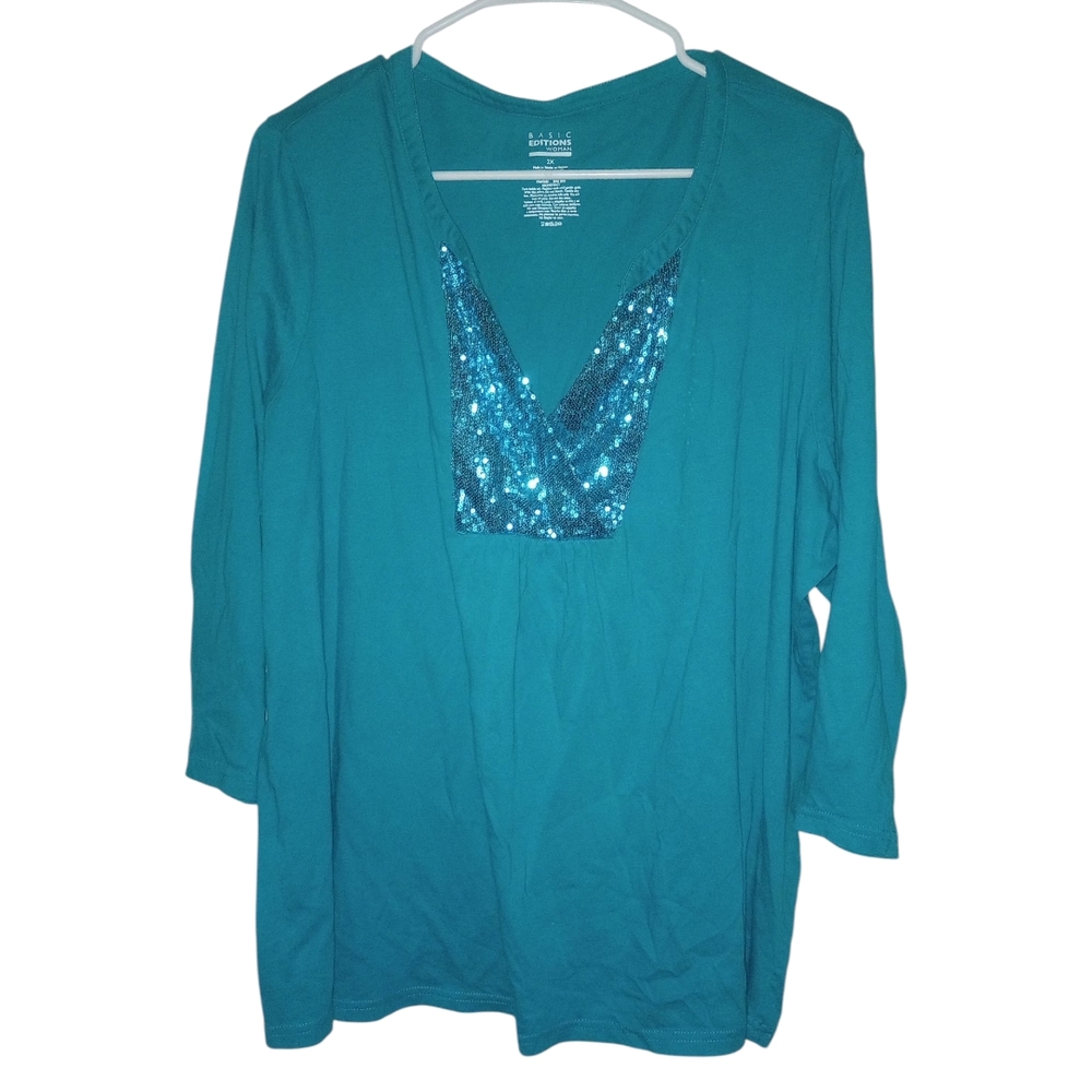 Basic Editions Teal Top with Sequin Accent